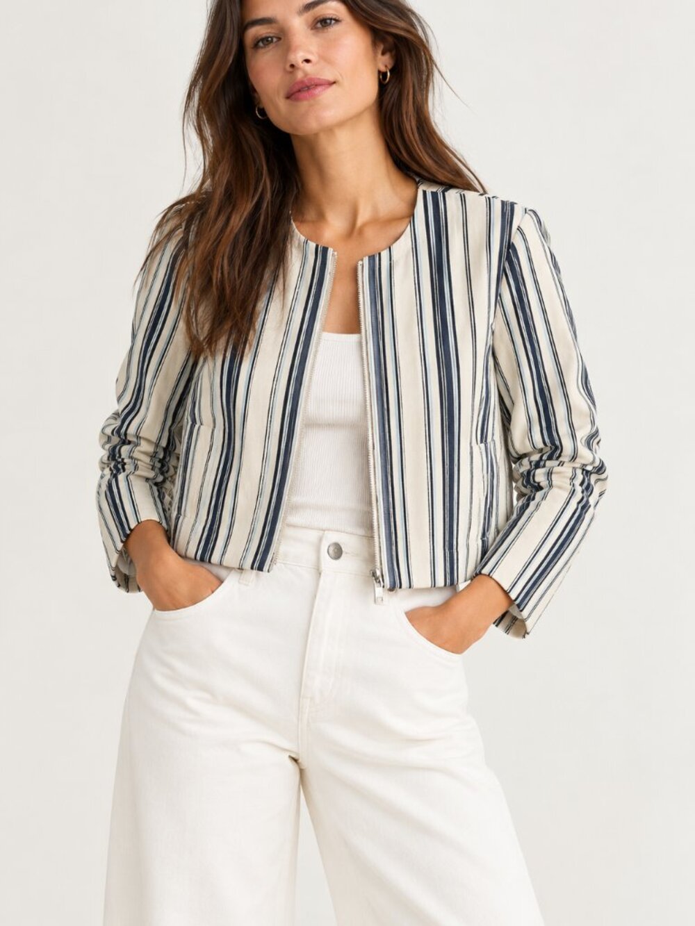 Madewell Women's XS Cropped Striped Cotton Linen Zip Front Jacket NWT